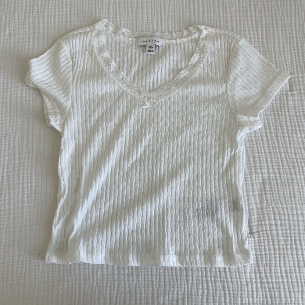 Topshop white lace bow top